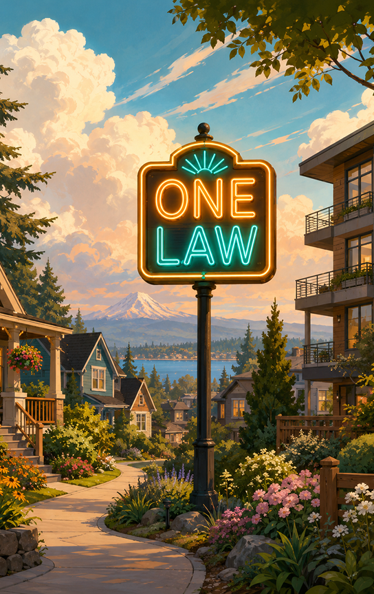 A neon sign reading One Law stands in a quaint neighborhood. Cozy houses, lush gardens, and mountains under a bright sky create a serene, inviting scene