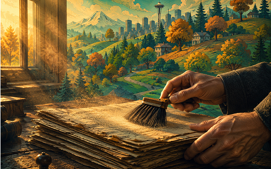 A person dusts old manuscripts by a window, with a picturesque view of a city skyline, mountains, and colorful autumn trees. Warm, nostalgic ambiance.