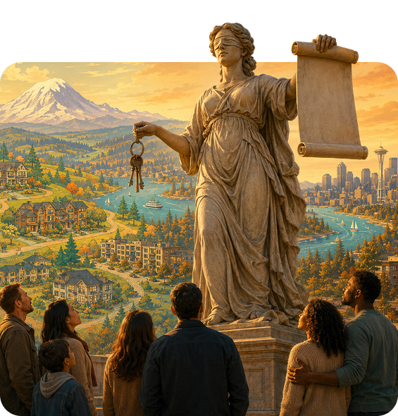 A diverse group of people gaze up at a large statue of a blindfolded woman holding keys and a scroll. Behind her, a vibrant landscape features a river, trees, houses, and a city skyline at sunset, with snow-capped mountains in the distance. The scene conveys a sense of wonder and community.