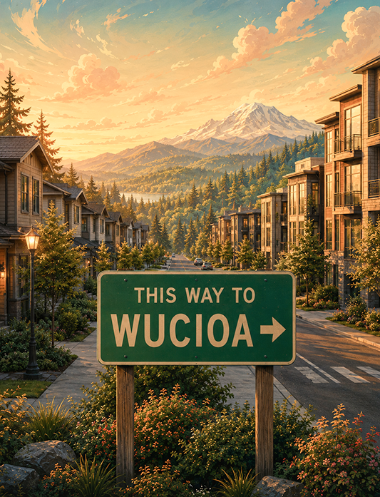Street with a green sign reading "This Way to WUCIOA," lined with townhouses and lush trees. A mountain dominates the skyline beneath a vibrant, cloudy sky.