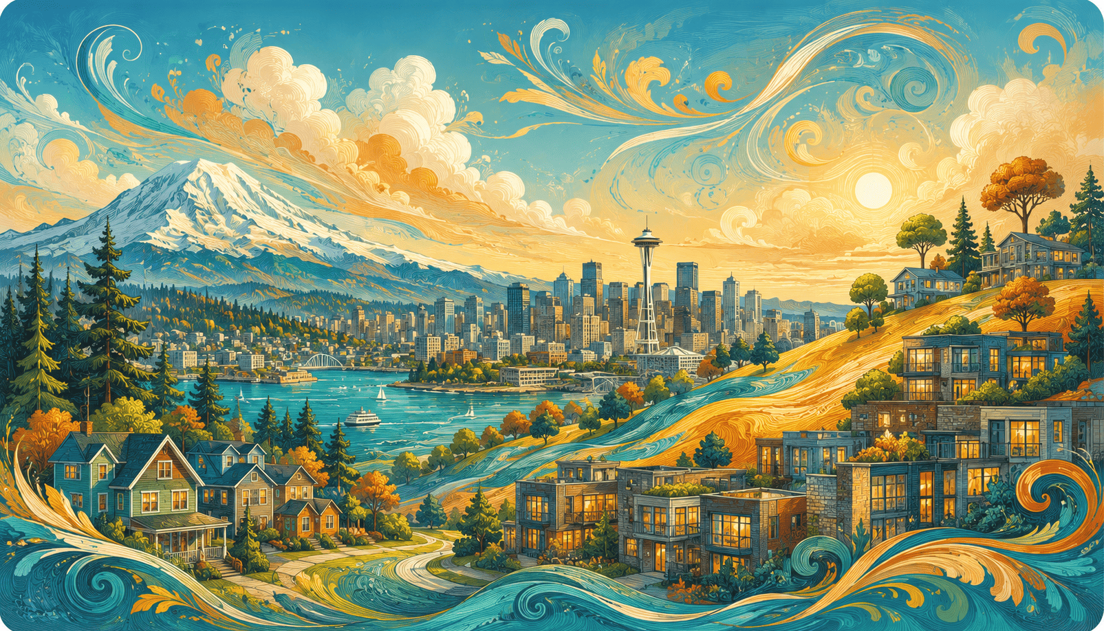 Colorful cityscape with mountains and water | WUCIOA